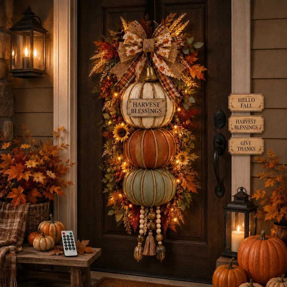 🔥 Last Day Sale Price | 🏡🎃Lighted Stacked Pumpkin Fall Door Decor with 3 Seasonal Plaques