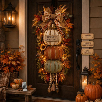 🔥 Last Day Sale Price | 🏡🎃Lighted Stacked Pumpkin Fall Door Decor with 3 Seasonal Plaques