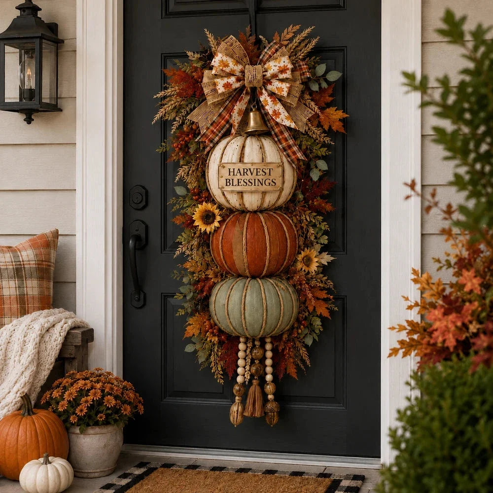 🔥 Last Day Sale Price | 🏡🎃Lighted Stacked Pumpkin Fall Door Decor with 3 Seasonal Plaques