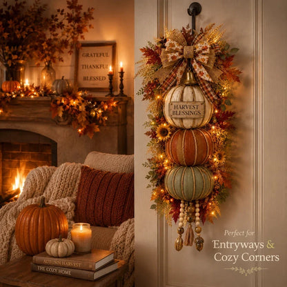 🔥 Last Day Sale Price | 🏡🎃Lighted Stacked Pumpkin Fall Door Decor with 3 Seasonal Plaques