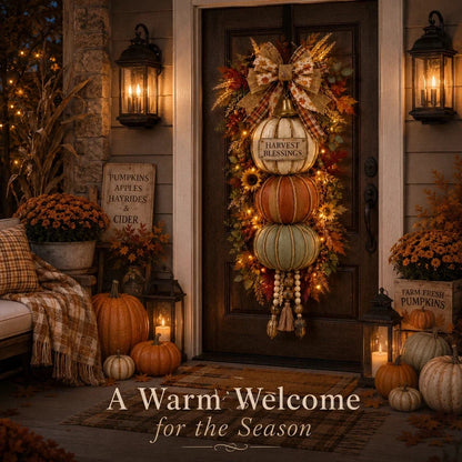🔥 Last Day Sale Price | 🏡🎃Lighted Stacked Pumpkin Fall Door Decor with 3 Seasonal Plaques