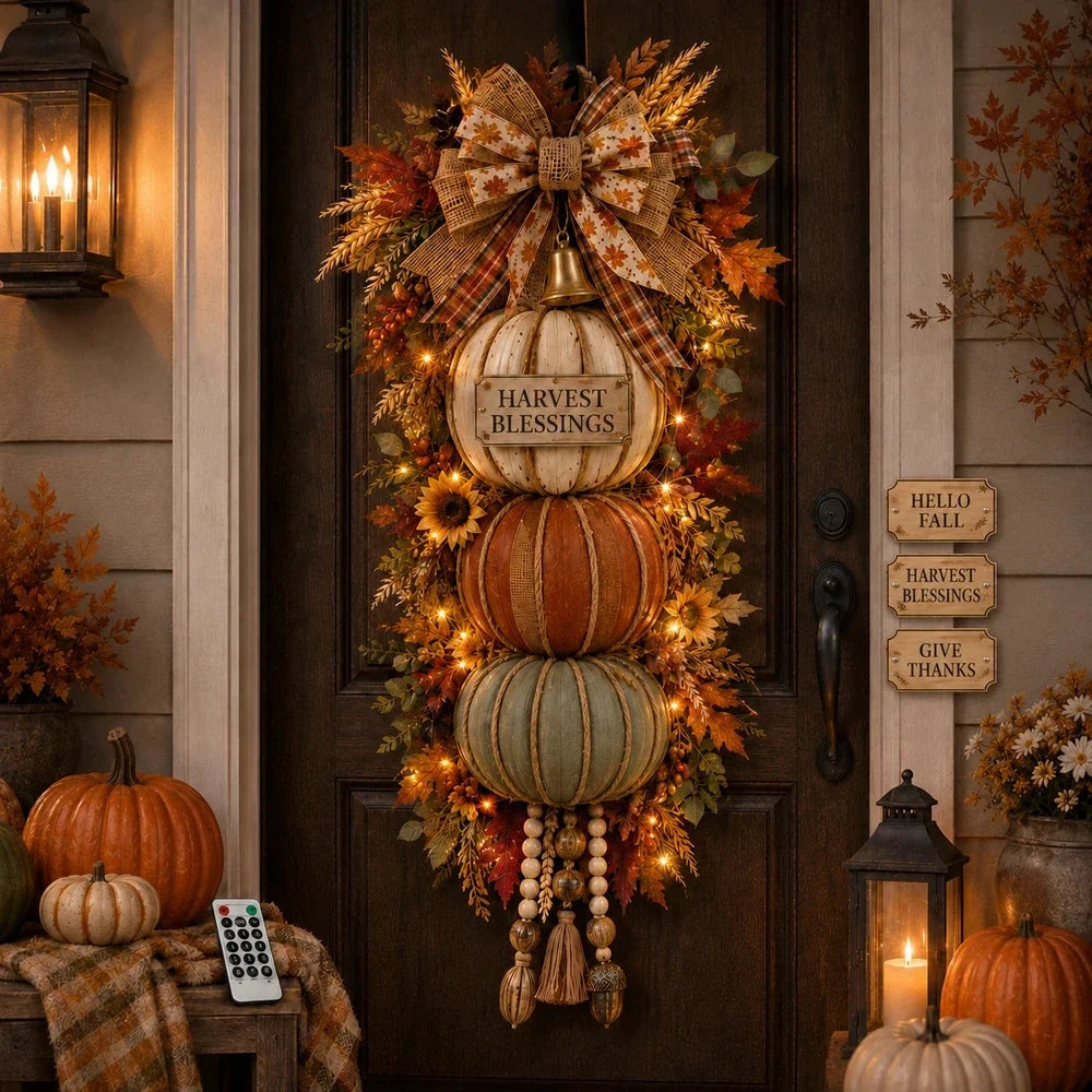 🔥 Last Day Sale Price | 🏡🎃Lighted Stacked Pumpkin Fall Door Decor with 3 Seasonal Plaques