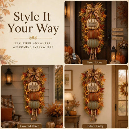 🔥 Last Day Sale Price | 🏡🎃Lighted Stacked Pumpkin Fall Door Decor with 3 Seasonal Plaques