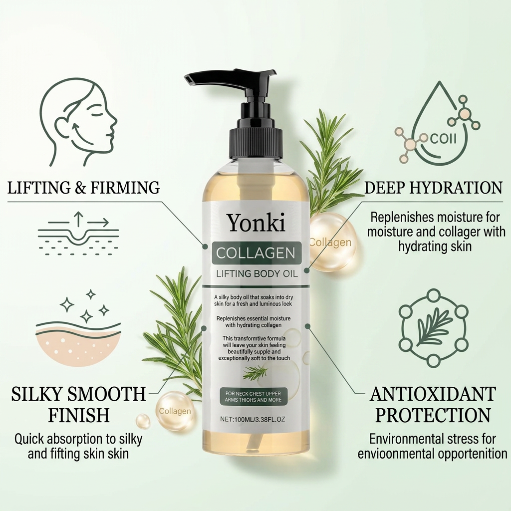 Yonki Collagen Lifting Body Oil :Reduces skin sagging by 98% and refines texture within 24 hours.