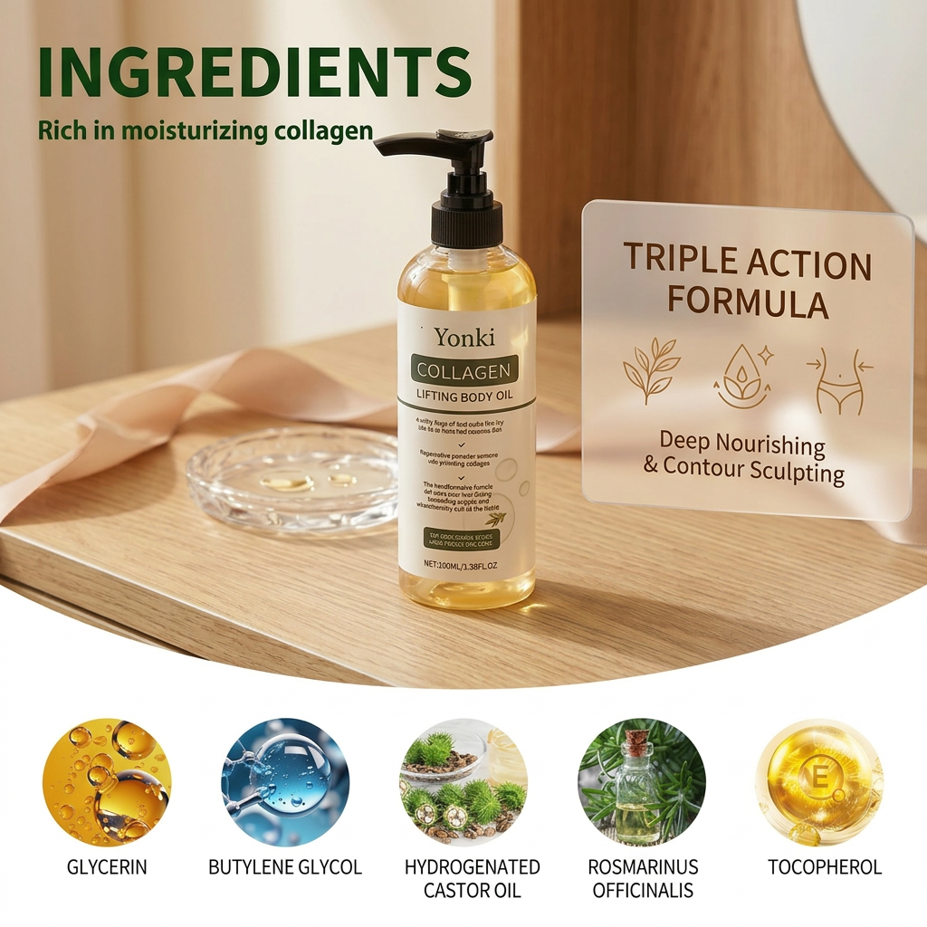 Yonki Collagen Lifting Body Oil :Reduces skin sagging by 98% and refines texture within 24 hours.