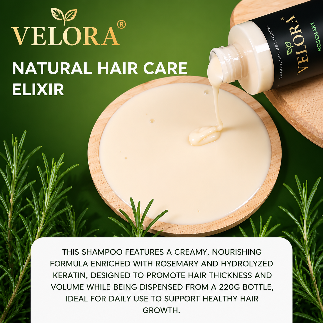 VELORA Rosemary Shampoo, Stimulate Regrowth for Thick Voluminous Hair