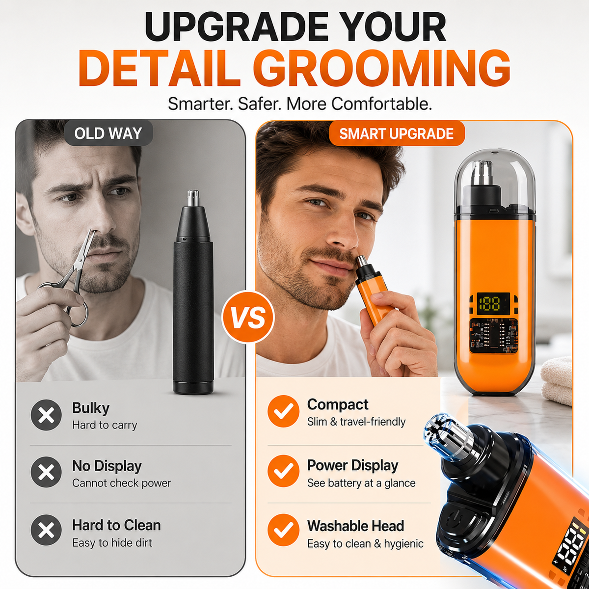 Traditional manual grooming compared with compact rechargeable nose trimmer