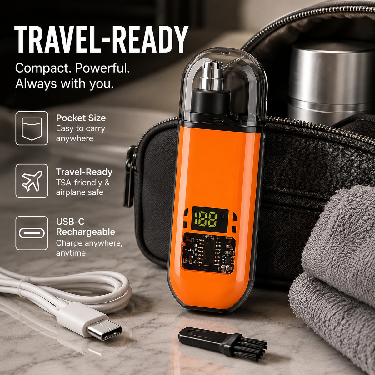 Travel ready compact rechargeable nose trimmer