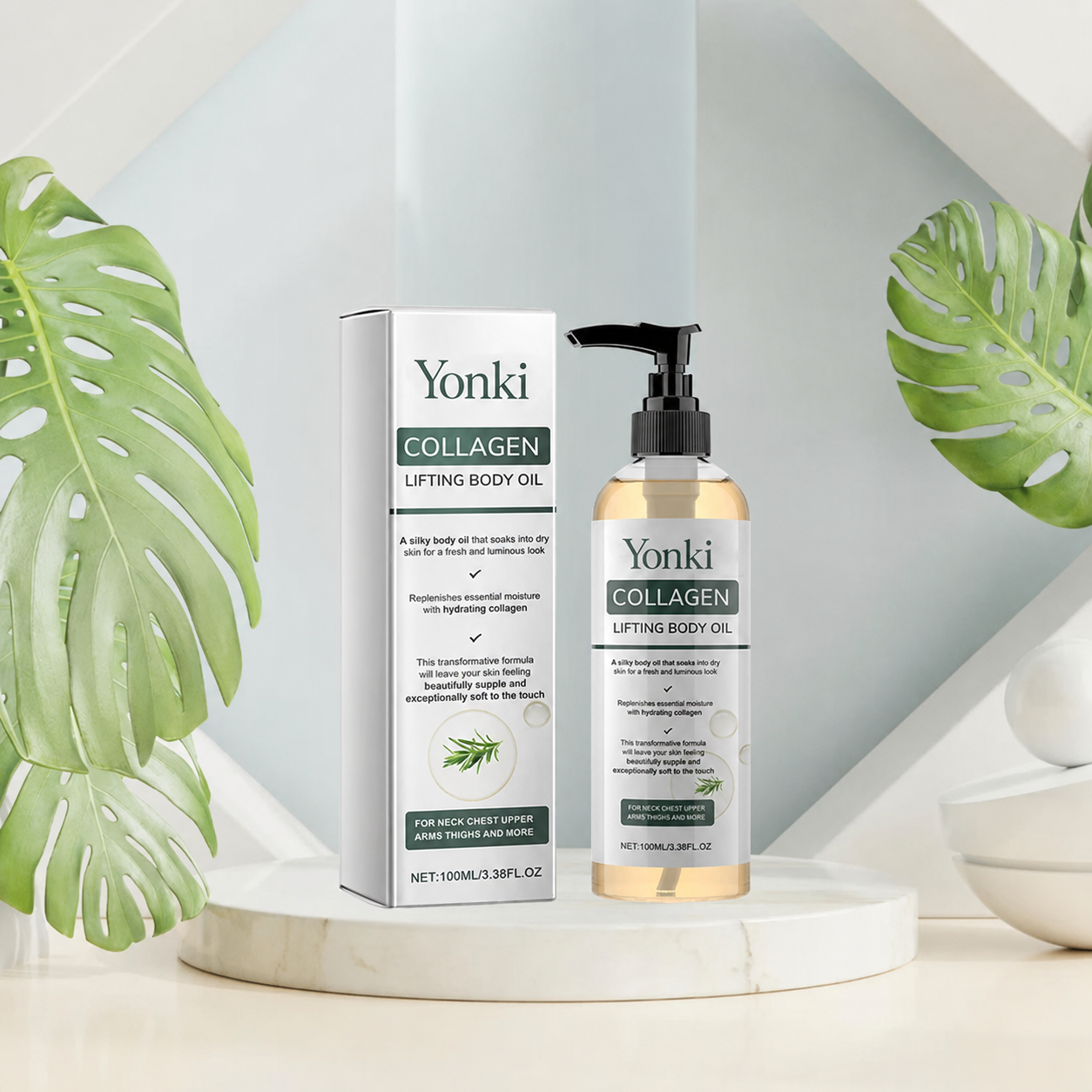 Yonki Collagen Lifting Body Oil :Reduces skin sagging by 98% and refines texture within 24 hours.