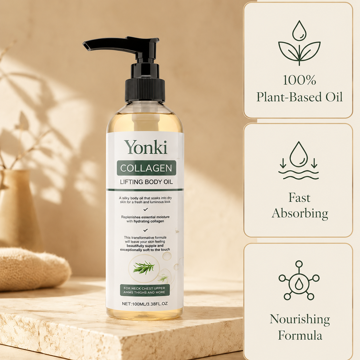 Yonki Collagen Lifting Body Oil :Reduces skin sagging by 98% and refines texture within 24 hours.