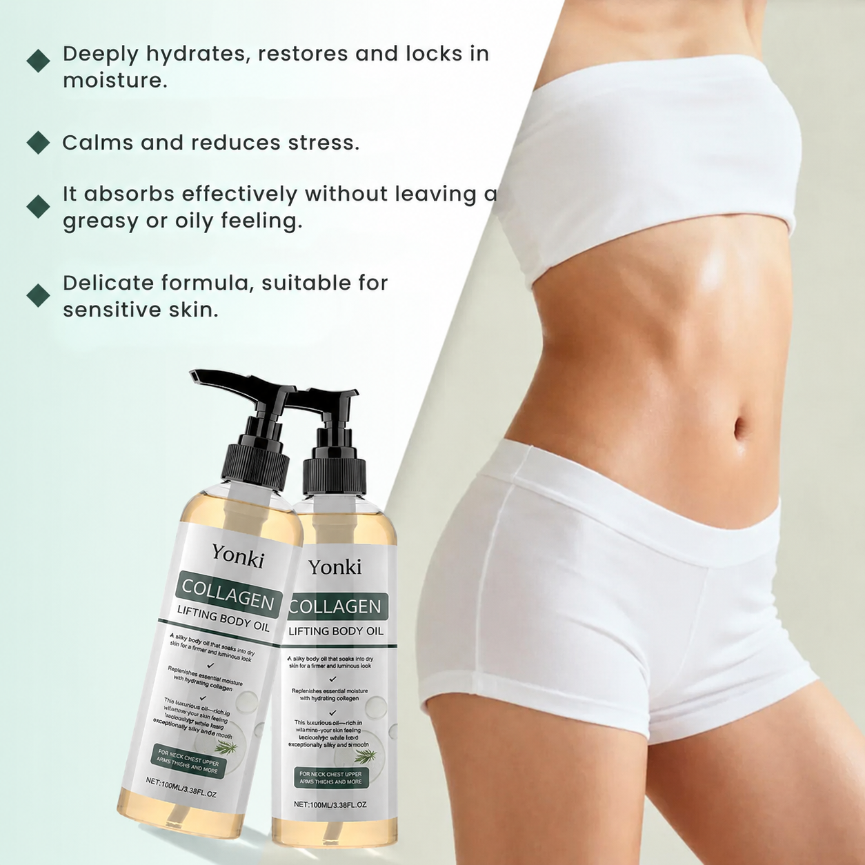 Yonki Collagen Lifting Body Oil :Reduces skin sagging by 98% and refines texture within 24 hours.