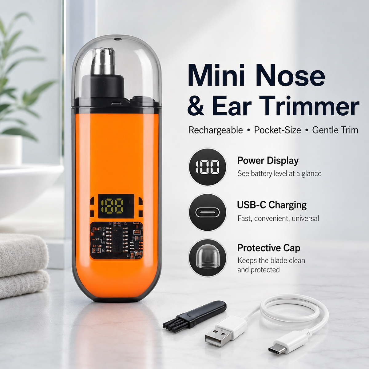 Mini nose and ear trimmer with power display and USB-C charging